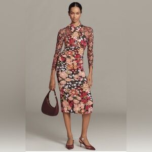 NWT Anthropologie Long Sleeve Floral Ruched Midi Dress